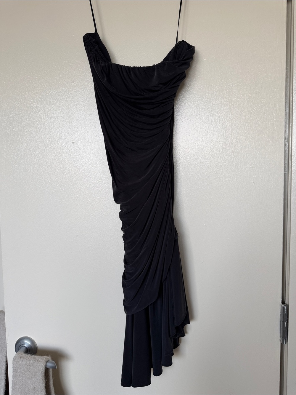 Asymmetric Black Draped Slip Dress with Spaghetti Straps